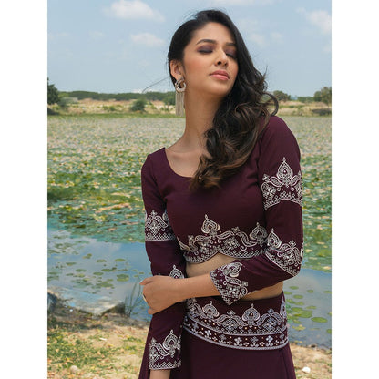 LABEL KIARSH Royal Wine Lehenga with Embellished Belt (Set of 3)