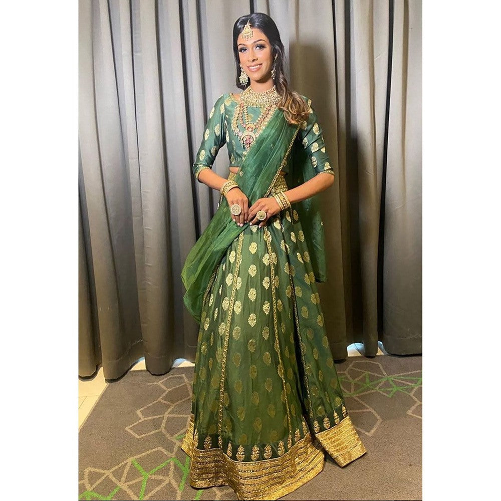 LABEL KIARSH Emerald Green Lehenga with Dupatta (Set of 3)