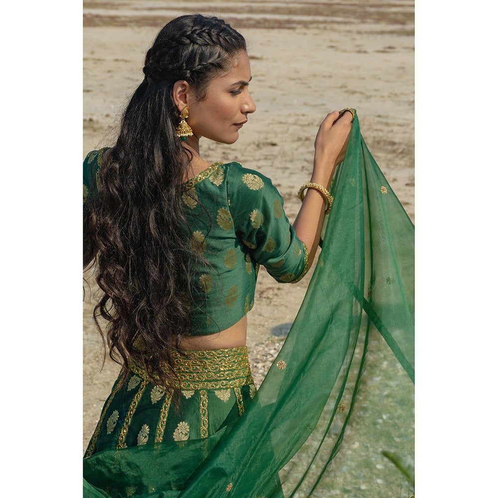 LABEL KIARSH Emerald Green Lehenga with Dupatta (Set of 3)