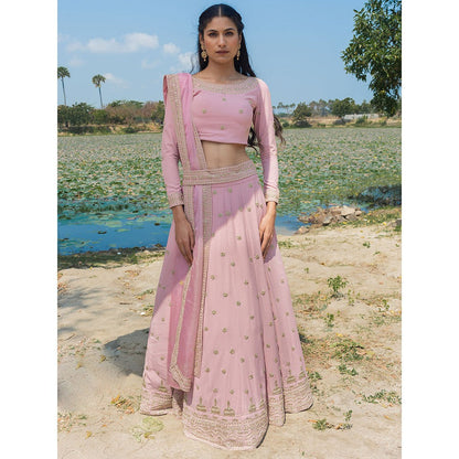 LABEL KIARSH Pastel Pink Lehenga with Embellished Waist Belt (Set of 4)