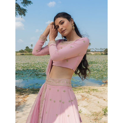 LABEL KIARSH Pastel Pink Lehenga with Embellished Waist Belt (Set of 4)