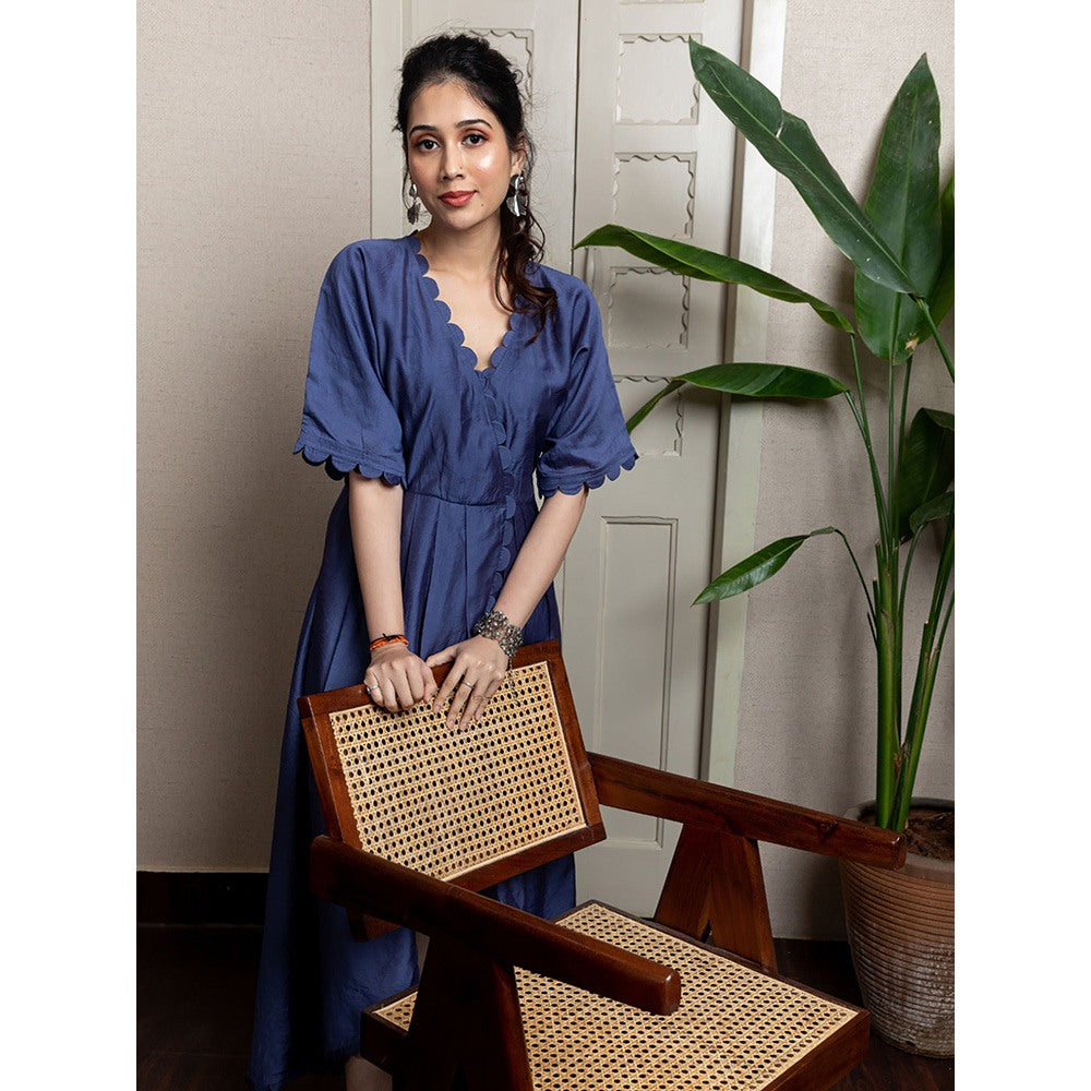 LABEL KIARSH Blue Overlap Scalloped Dress