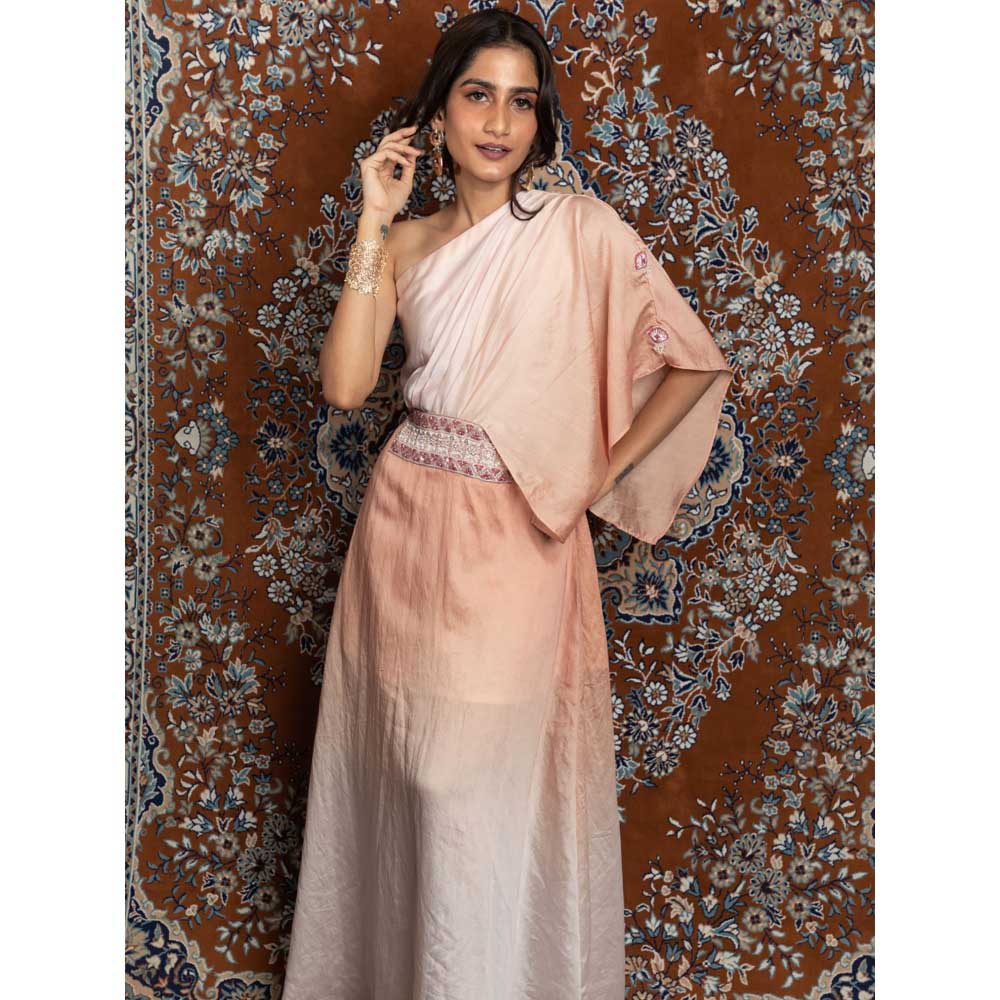 LABEL KIARSH Peach Pink Ombre One Shoulder Gown Dress