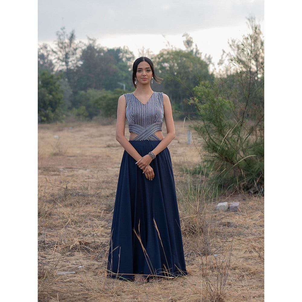 LABEL KIARSH Midnight Blue Embellished Cut Out Gown