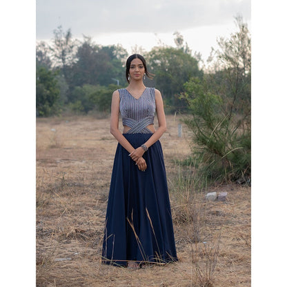 LABEL KIARSH Midnight Blue Embellished Cut Out Gown