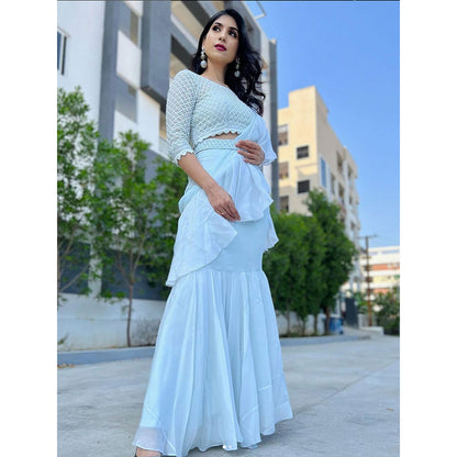 LABEL KIARSH Pale Turquoise Blue Ruffled Pre-Draped Saree Belt with Stitched Blouse