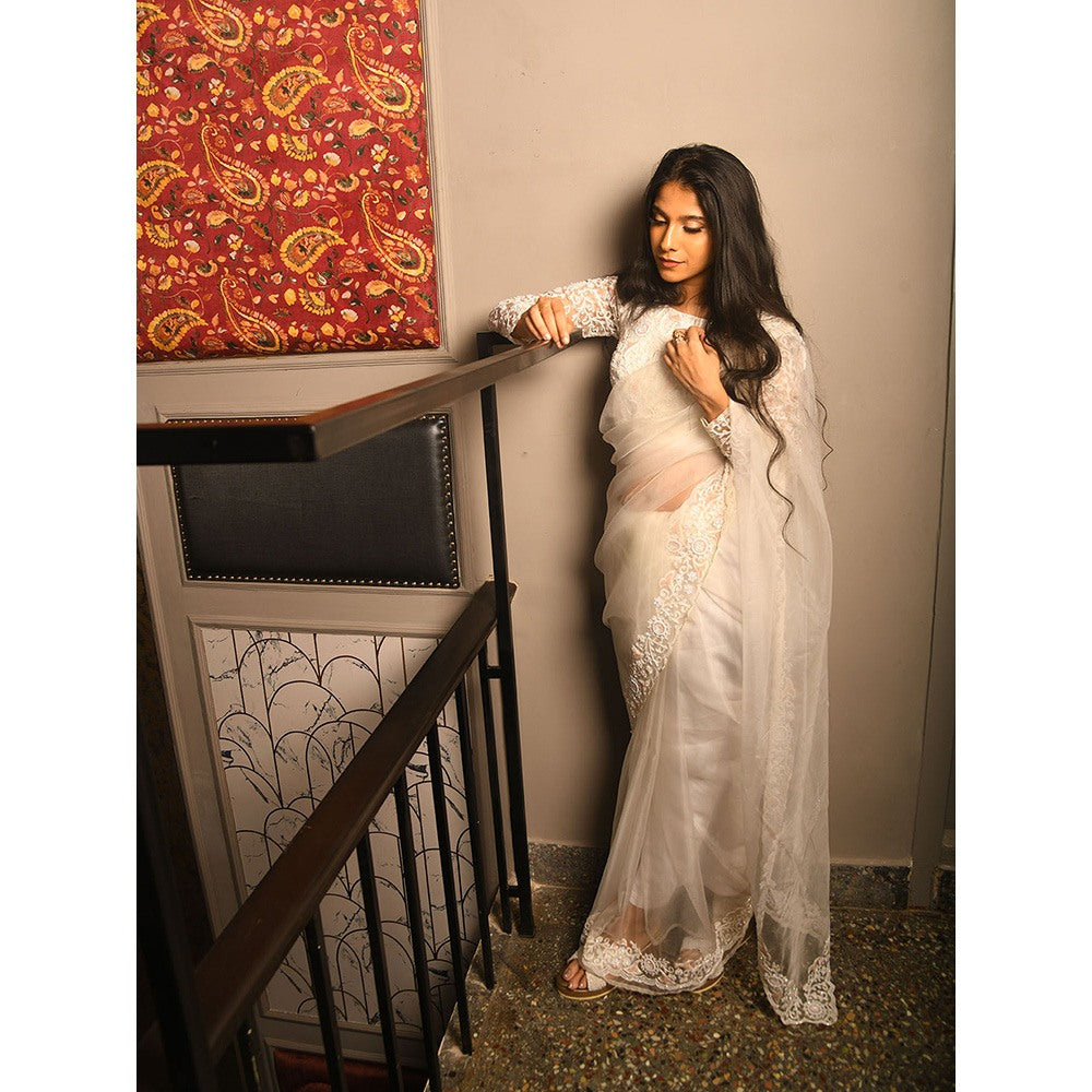 LABEL KIARSH Pearl White Embellished Saree with Stitched Blouse