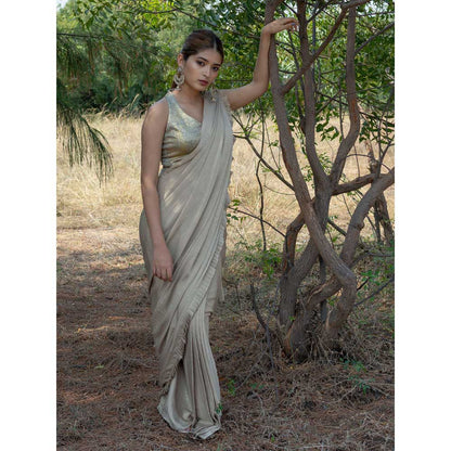 LABEL KIARSH Deep Taupe Ruffled Saree with Metallic with Stitched Blouse