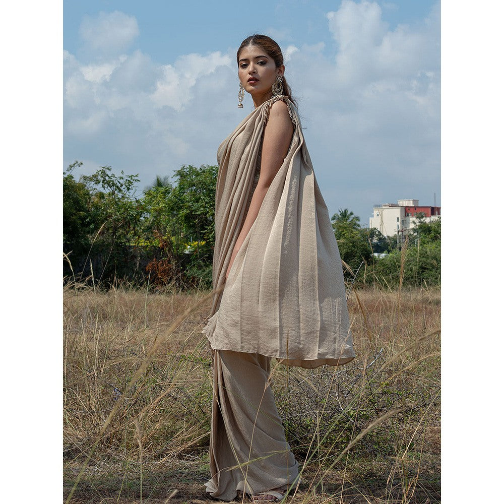 LABEL KIARSH Deep Taupe Ruffled Saree with Metallic with Stitched Blouse