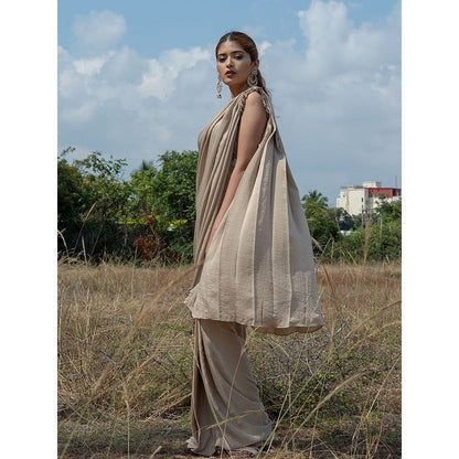 LABEL KIARSH Deep Taupe Ruffled Saree with Metallic with Stitched Blouse