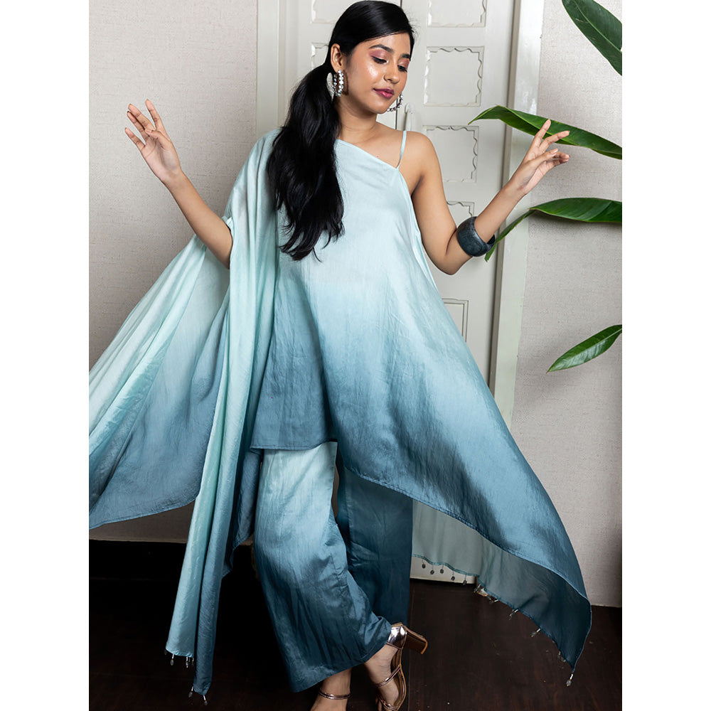 LABEL KIARSH Ombre Ocean Blue One Shoulder Flared Co-Ord (Set of 2)