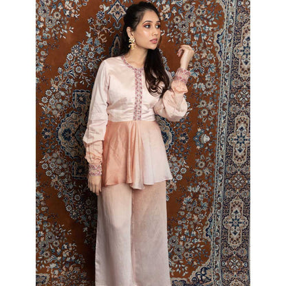 LABEL KIARSH Peach Pink Ombre Embellished Peplum Top with Flared Pants (Set of 2)