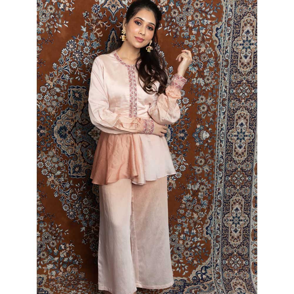 LABEL KIARSH Peach Pink Ombre Embellished Peplum Top with Flared Pants (Set of 2)