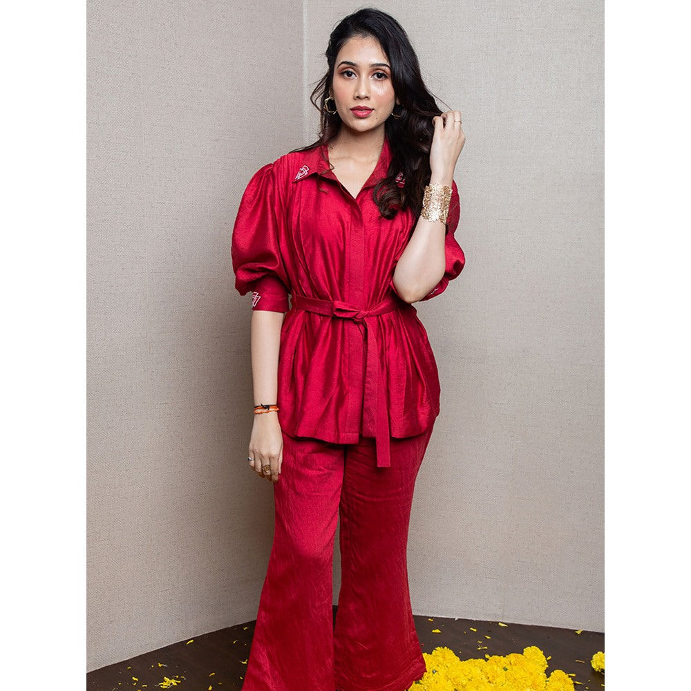 LABEL KIARSH Red Puffed Sleeved Pintuck Shirt Co-Ord (Set of 2)