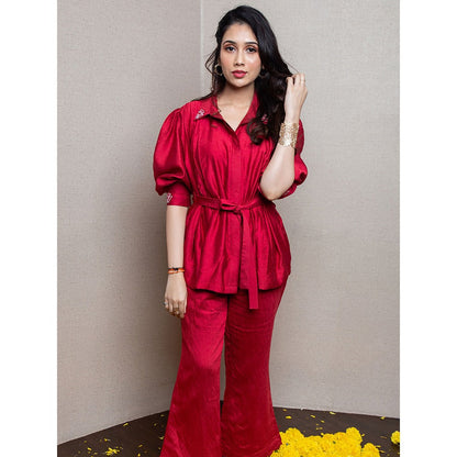 LABEL KIARSH Red Puffed Sleeved Pintuck Shirt Co-Ord (Set of 2)