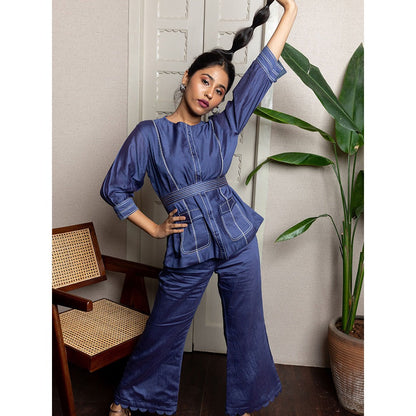 LABEL KIARSH Solid Blue Co-Ord with Belt (Set of 3)