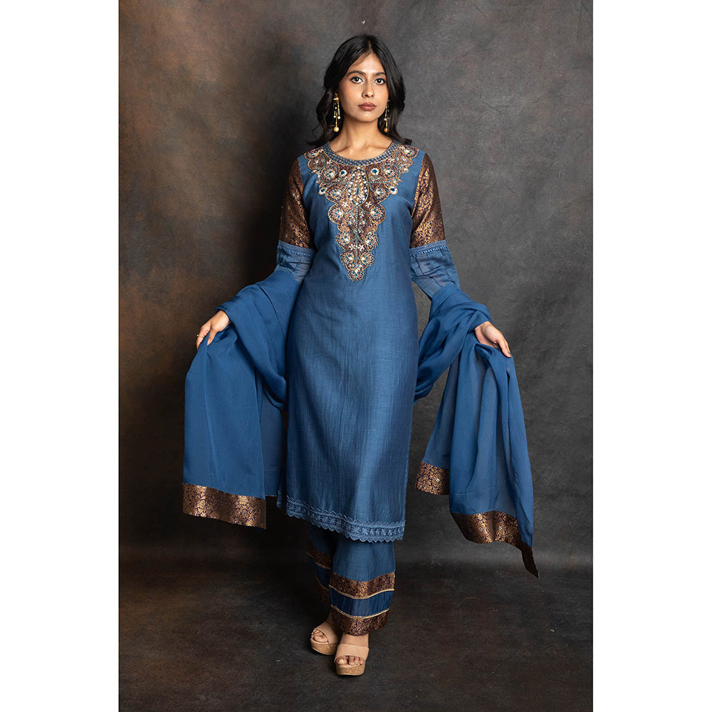 LABEL KIARSH Blue Banarasi Embellished Long Kurta with Pant and Dupatta (Set of 3)