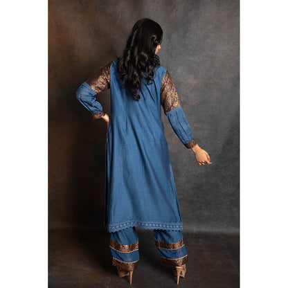 LABEL KIARSH Blue Banarasi Embellished Long Kurta with Pant and Dupatta (Set of 3)