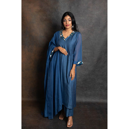 LABEL KIARSH Blue Embellished Gathered Kurta with Pant and Dupatta (Set of 3)