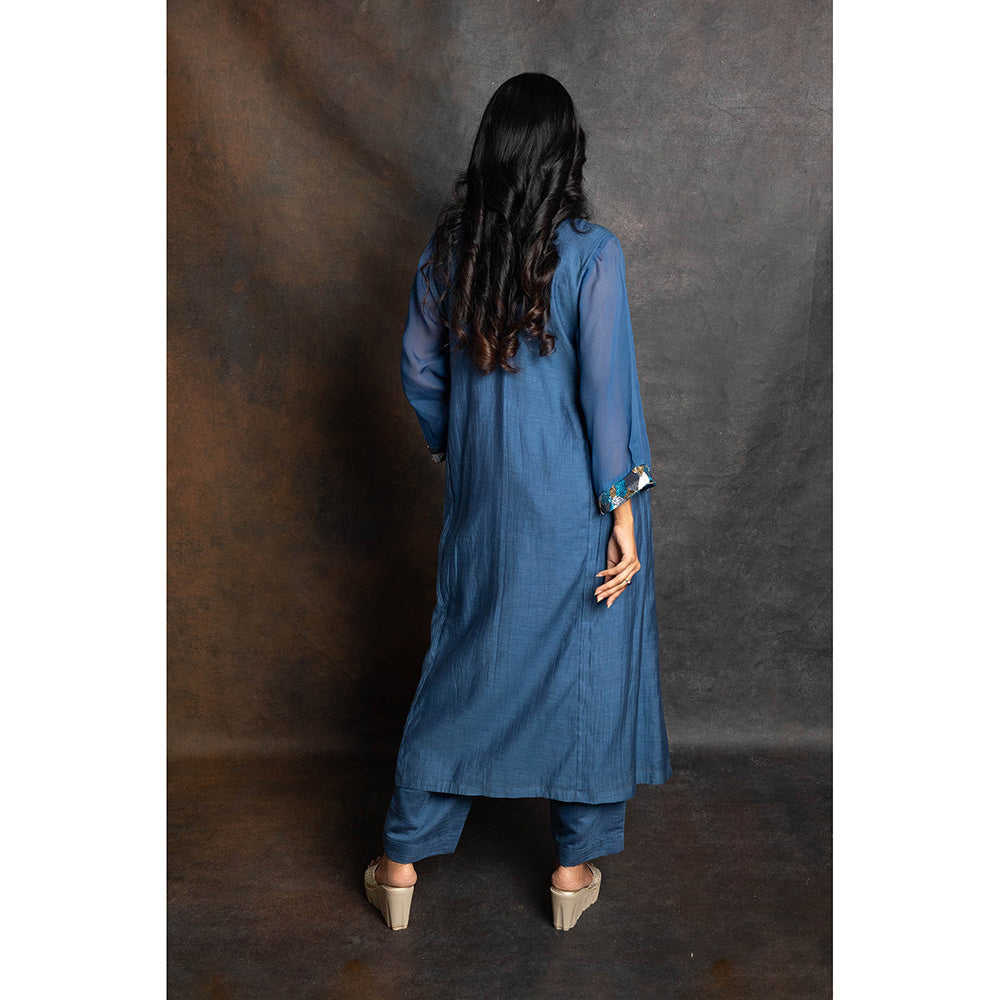 LABEL KIARSH Blue Embellished Gathered Kurta with Pant and Dupatta (Set of 3)