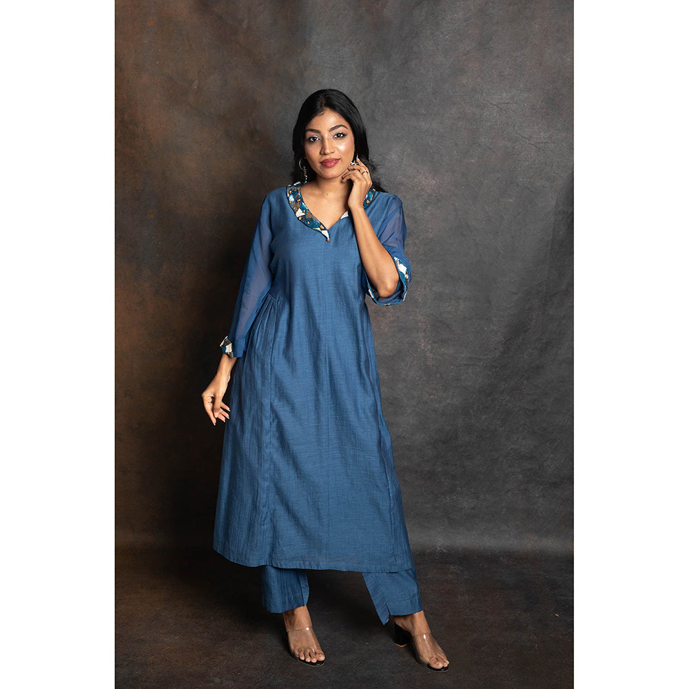 LABEL KIARSH Blue Embellished Gathered Kurta with Pant and Dupatta (Set of 3)