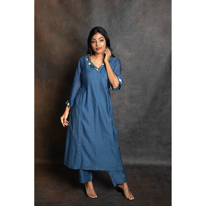 LABEL KIARSH Blue Embellished Gathered Kurta with Pant and Dupatta (Set of 3)