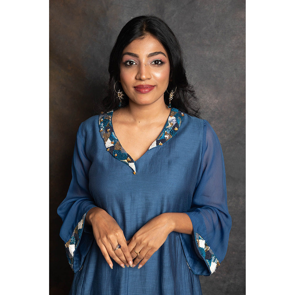 LABEL KIARSH Blue Embellished Gathered Kurta with Pant and Dupatta (Set of 3)