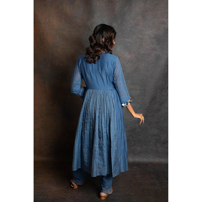 LABEL KIARSH Blue Embellished Gathered Anarkali with Pant and Dupatta (Set of 3)