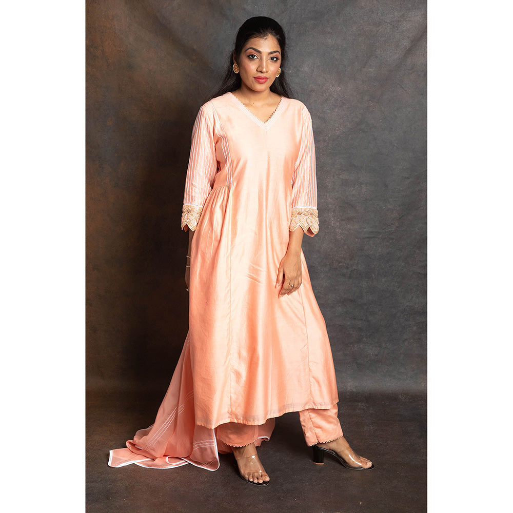 LABEL KIARSH Pastel Peach Gathered Embellished Kurta with Pant and Dupatta (Set of 3)