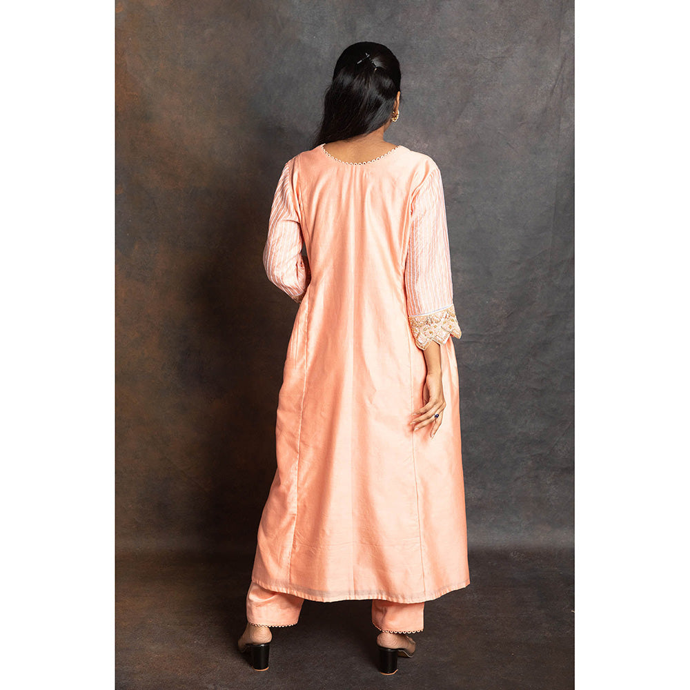 LABEL KIARSH Pastel Peach Gathered Embellished Kurta with Pant and Dupatta (Set of 3)