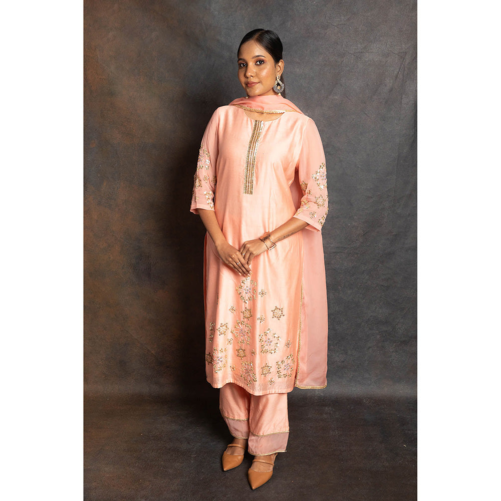 LABEL KIARSH Pastel Peach Long Kurta with Pant and Dupatta (Set of 3)