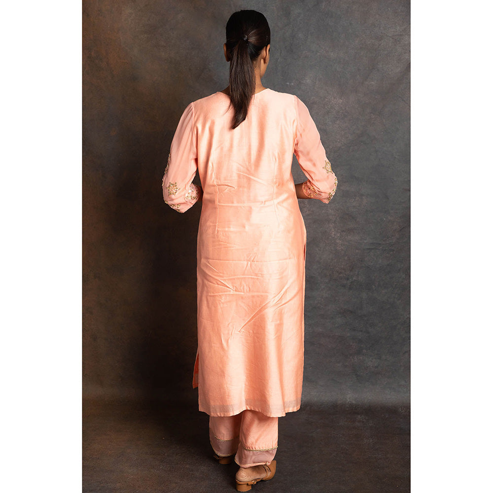 LABEL KIARSH Pastel Peach Long Kurta with Pant and Dupatta (Set of 3)