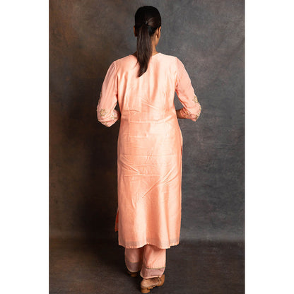 LABEL KIARSH Pastel Peach Long Kurta with Pant and Dupatta (Set of 3)