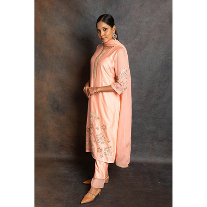 LABEL KIARSH Pastel Peach Long Kurta with Pant and Dupatta (Set of 3)