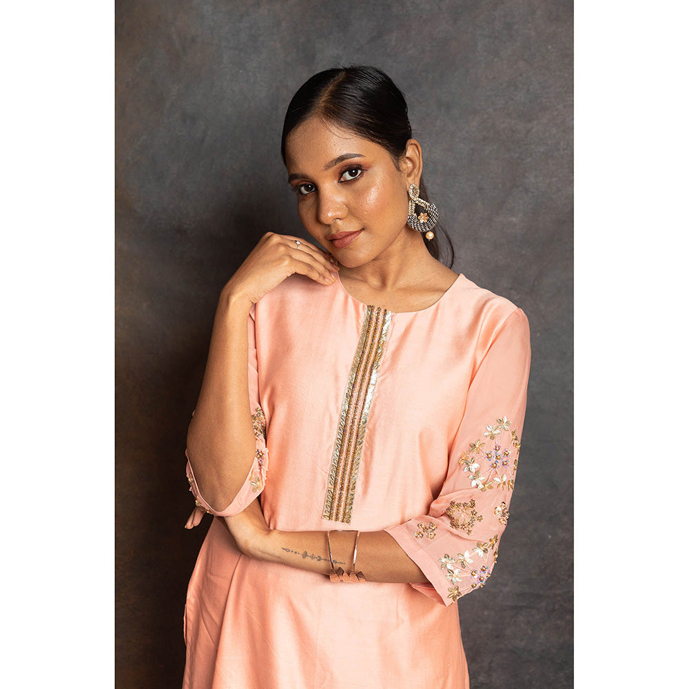 LABEL KIARSH Pastel Peach Long Kurta with Pant and Dupatta (Set of 3)