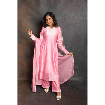 LABEL KIARSH Carnation Pink Gathered Kurta with Pant and Dupatta (Set of 3)