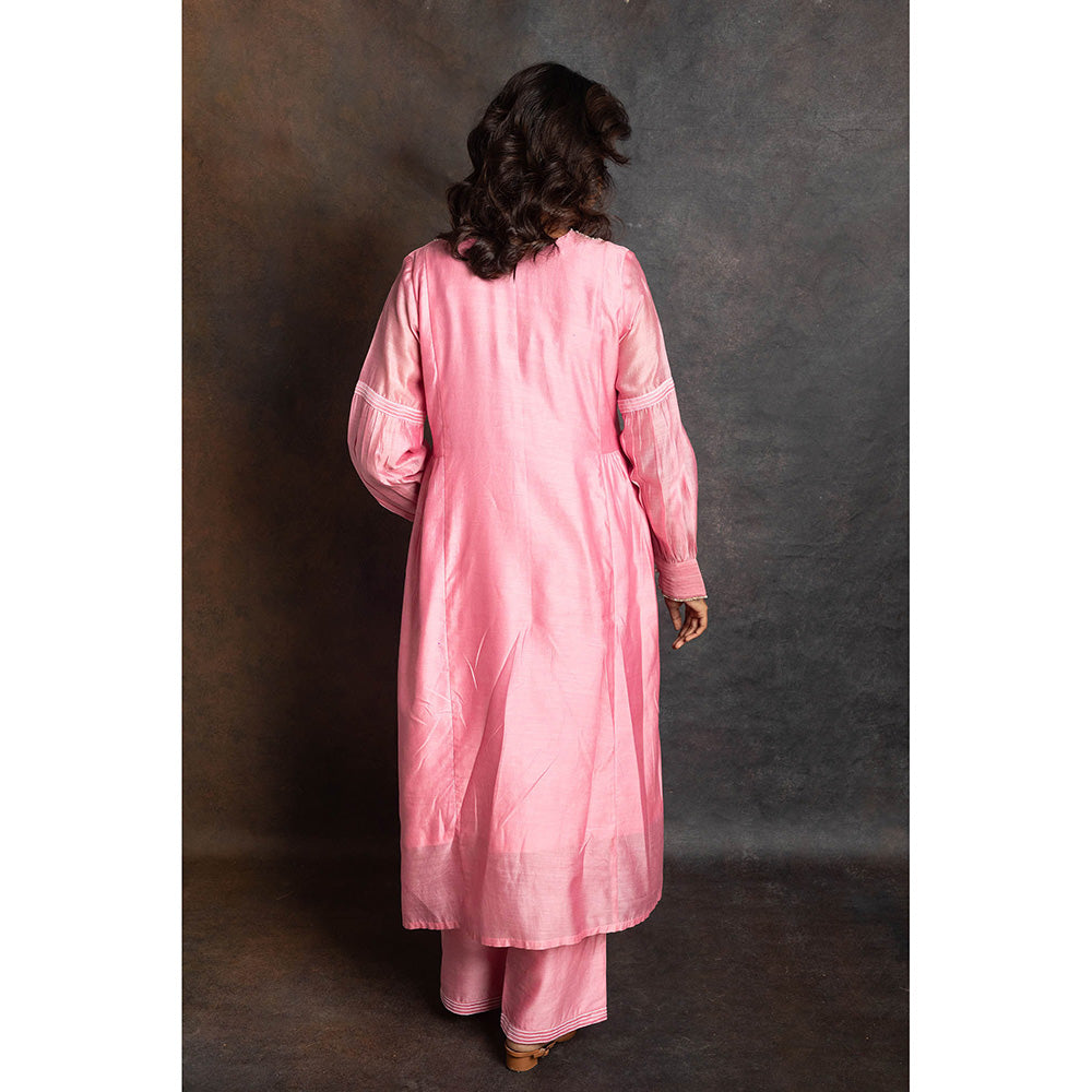 LABEL KIARSH Carnation Pink Gathered Kurta with Pant and Dupatta (Set of 3)