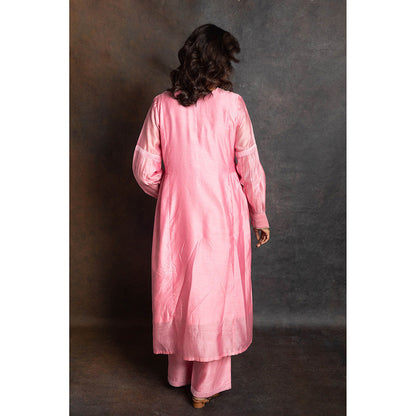 LABEL KIARSH Carnation Pink Gathered Kurta with Pant and Dupatta (Set of 3)