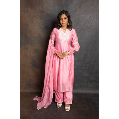 LABEL KIARSH Carnation Pink Gathered Kurta with Pant and Dupatta (Set of 3)