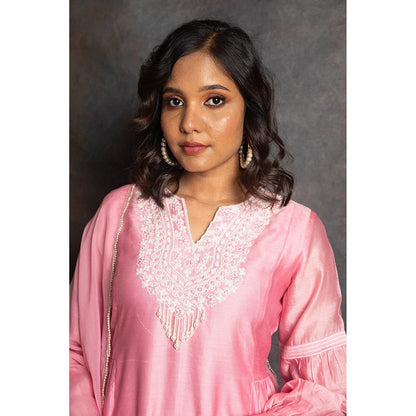 LABEL KIARSH Carnation Pink Gathered Kurta with Pant and Dupatta (Set of 3)