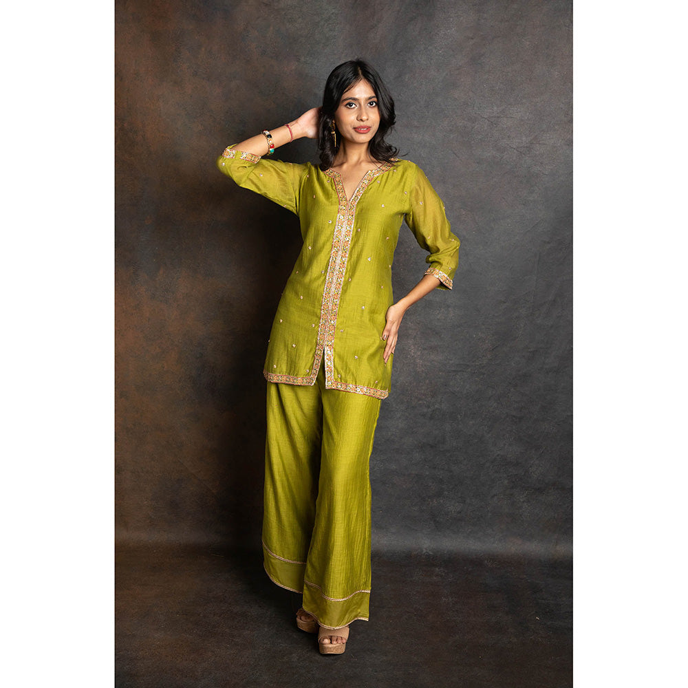 LABEL KIARSH Shamrock Green Embellished Tunic with Pant (Set of 2)