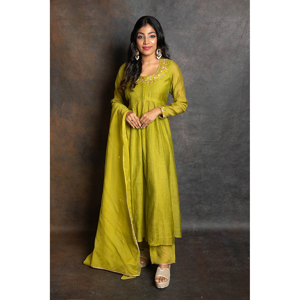 LABEL KIARSH Shamrock Green Embellished Anarkali with Pant and Dupatta (Set of 3)