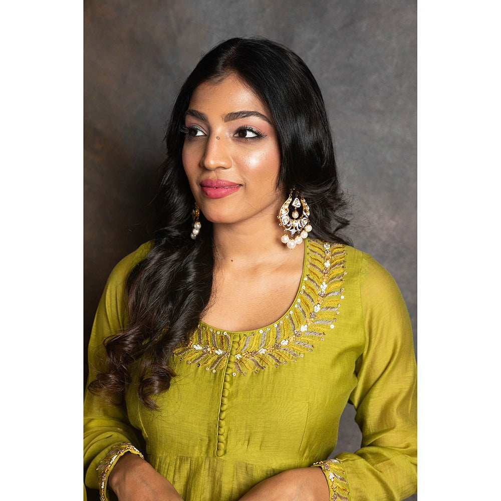 LABEL KIARSH Shamrock Green Embellished Anarkali with Pant and Dupatta (Set of 3)