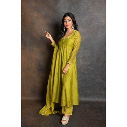 LABEL KIARSH Shamrock Green Embellished Anarkali with Pant and Dupatta (Set of 3)