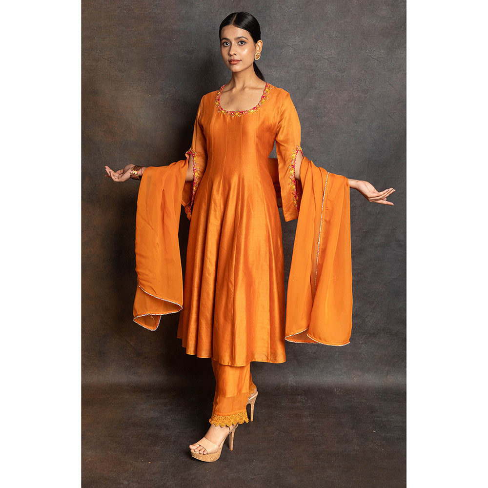 LABEL KIARSH Rust Orange Embellished Kali Anarkali with Pant and Dupatta (Set of 3)