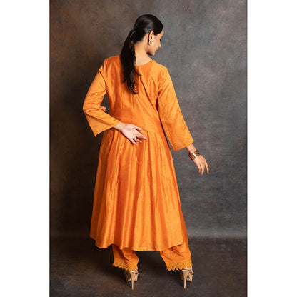 LABEL KIARSH Rust Orange Embellished Kali Anarkali with Pant and Dupatta (Set of 3)