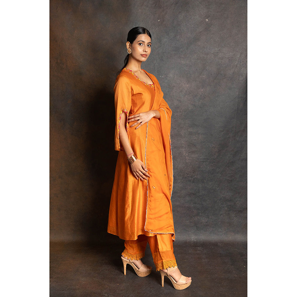 LABEL KIARSH Rust Orange Embellished Kali Anarkali with Pant and Dupatta (Set of 3)