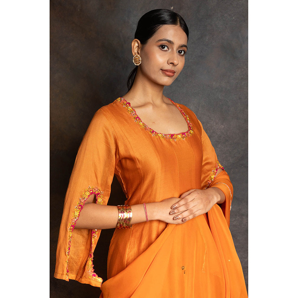 LABEL KIARSH Rust Orange Embellished Kali Anarkali with Pant and Dupatta (Set of 3)