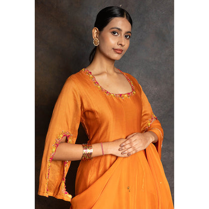 LABEL KIARSH Rust Orange Embellished Kali Anarkali with Pant and Dupatta (Set of 3)