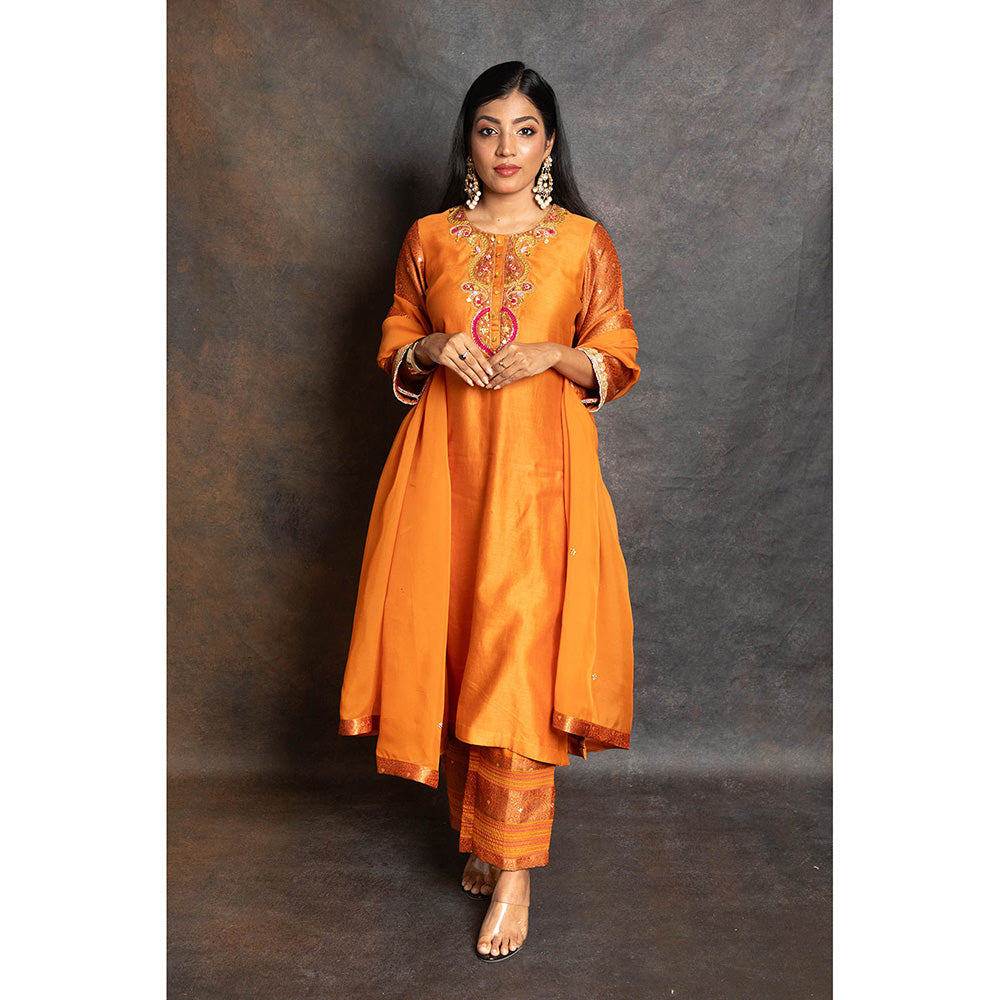 LABEL KIARSH Rust Orange Banarasi Embellished Kurta with Pant and Dupatta (Set of 3)
